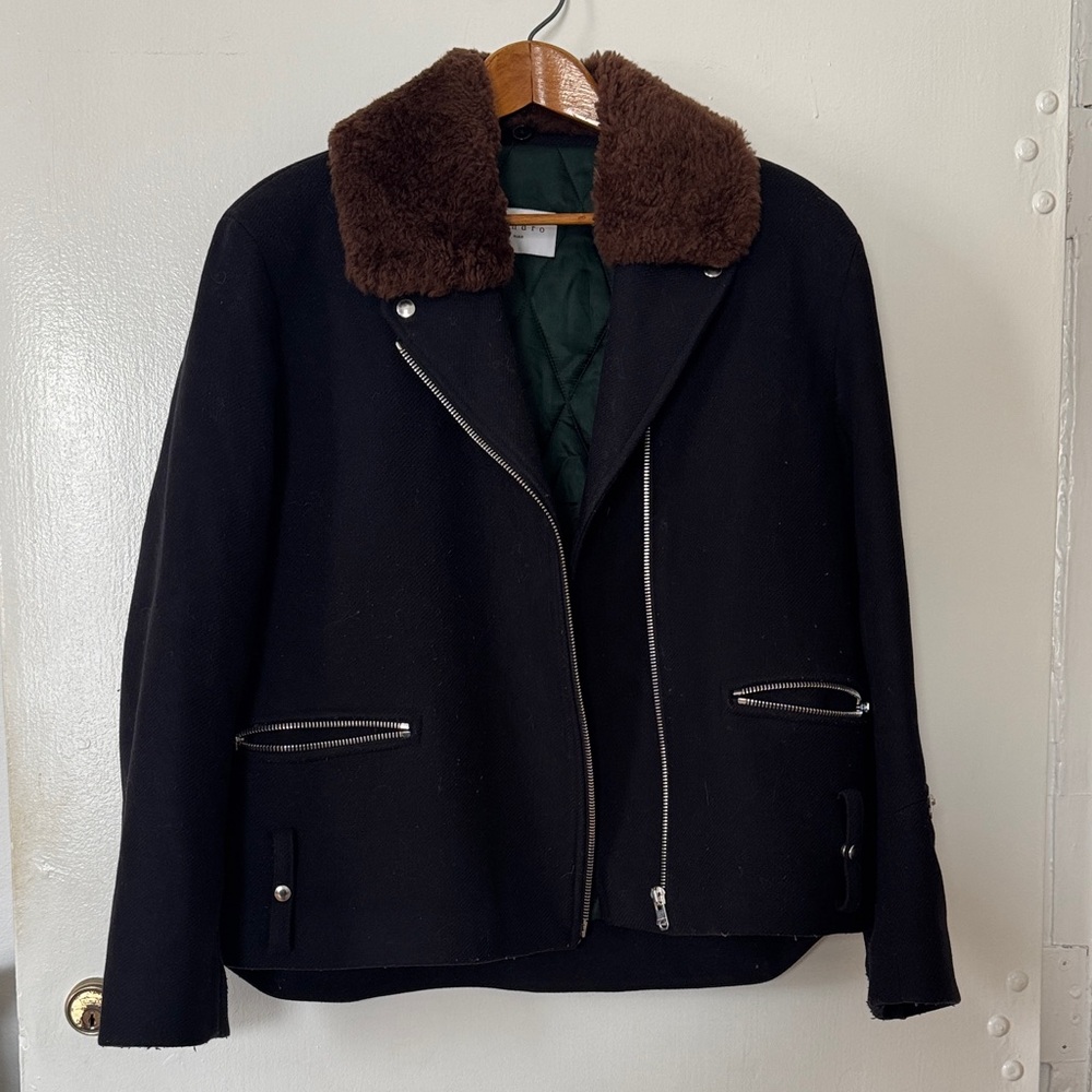 Sandro Black Jacket with Brown Collar